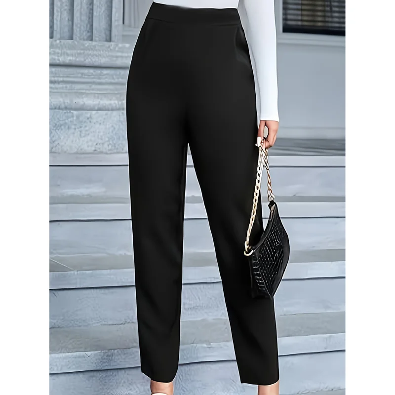 بنطلون نسائي أنيق ضيق موديل 2025 بخصر عادي مريح ونحيف بلون أسود موحد للاستخدام اليومي والمكتبي