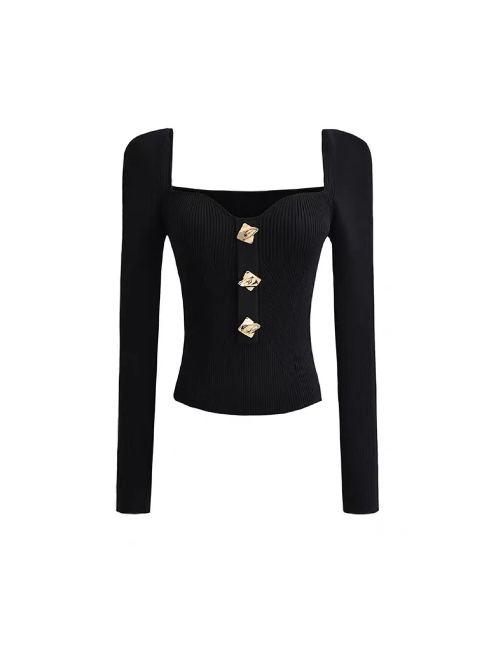 Short top French socialite small fragrance design feeling black square neck knitted sweater for women 2024 new