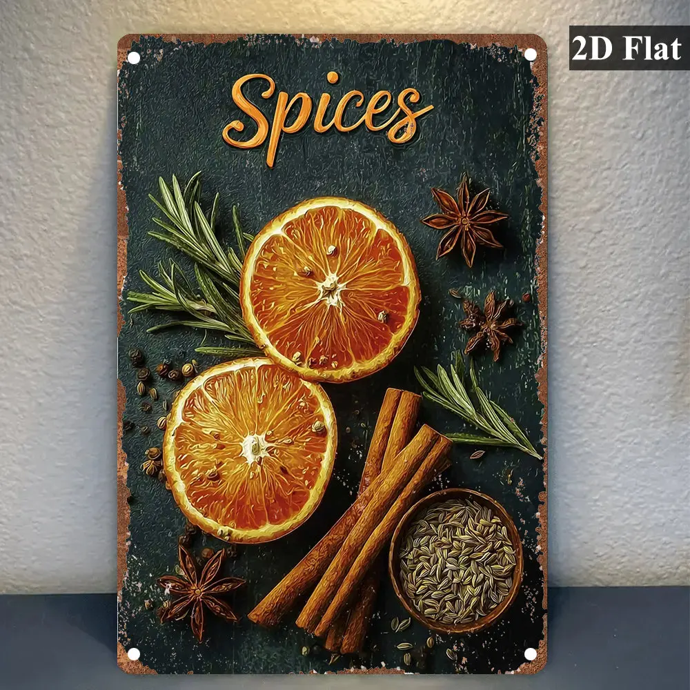 2D Flat Aluminum Cinnamon Star Anise Bay Leaves Vintage Wall Plaque Rustic Spice Text Bar Cafe Pantry Home Decor