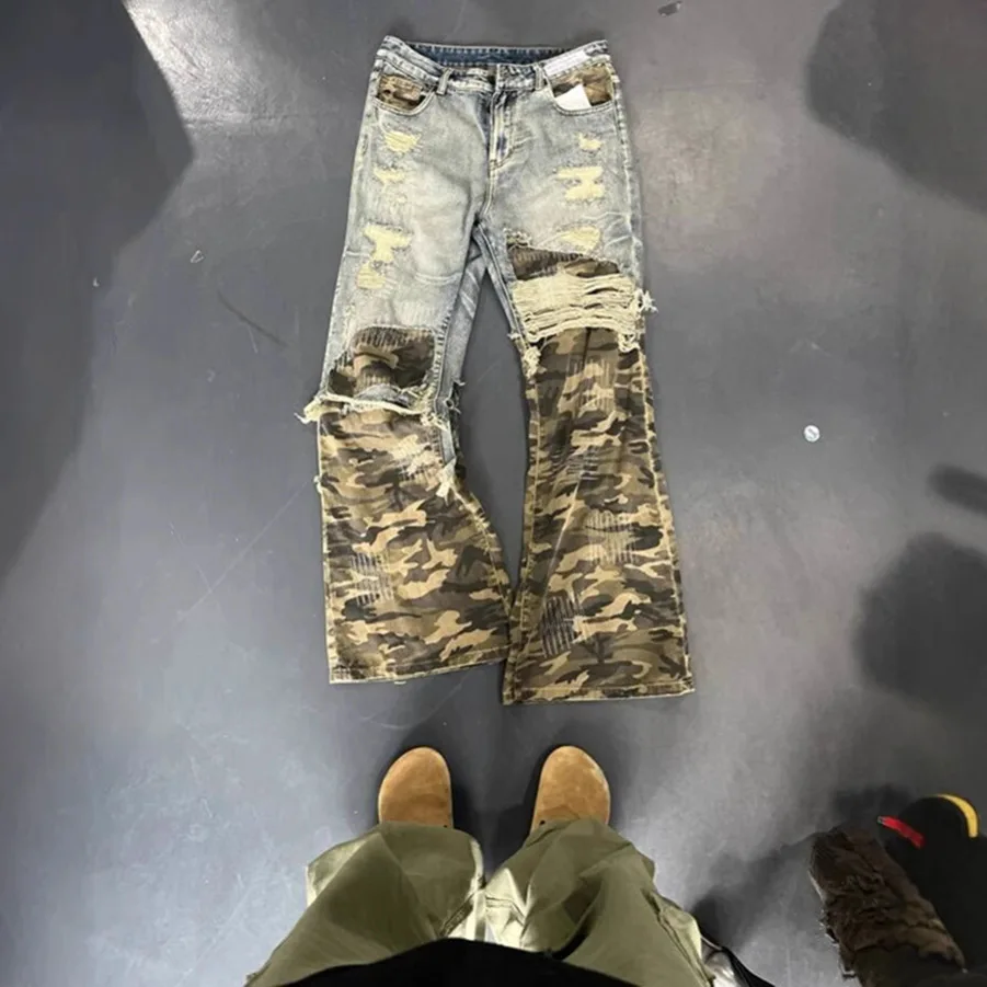 

American Retro Style Faux Two-piece Pants High-end Camouflage Patchwork Jeans for Men Cleanfit Straight-leg Casual Pants