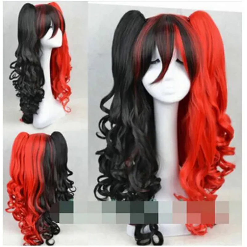 Harley Quinn Bla and red curly hair cosplay party wigs