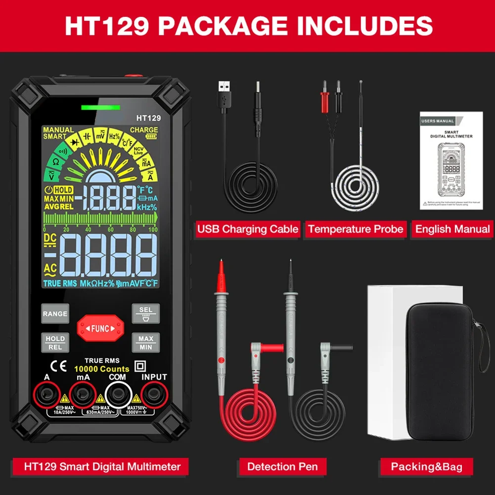 HT129 Digitalmultimeter Auto Range True RMS AC DC Spannungsprüfer 10.000 Stück mit berührungsloser Spannungserkennung