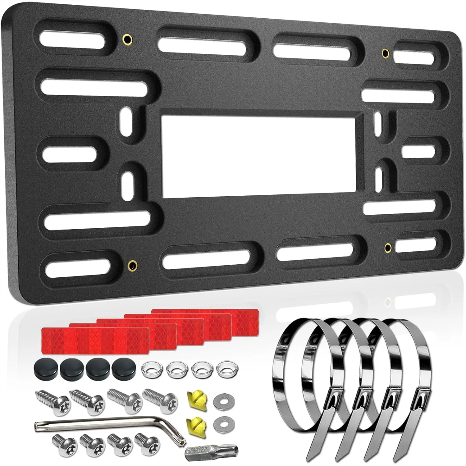 

Universal Front License Plate Bracket Holder with Copper Threaded Inserts, Screws Caps and Stainless Steel Zip Ties