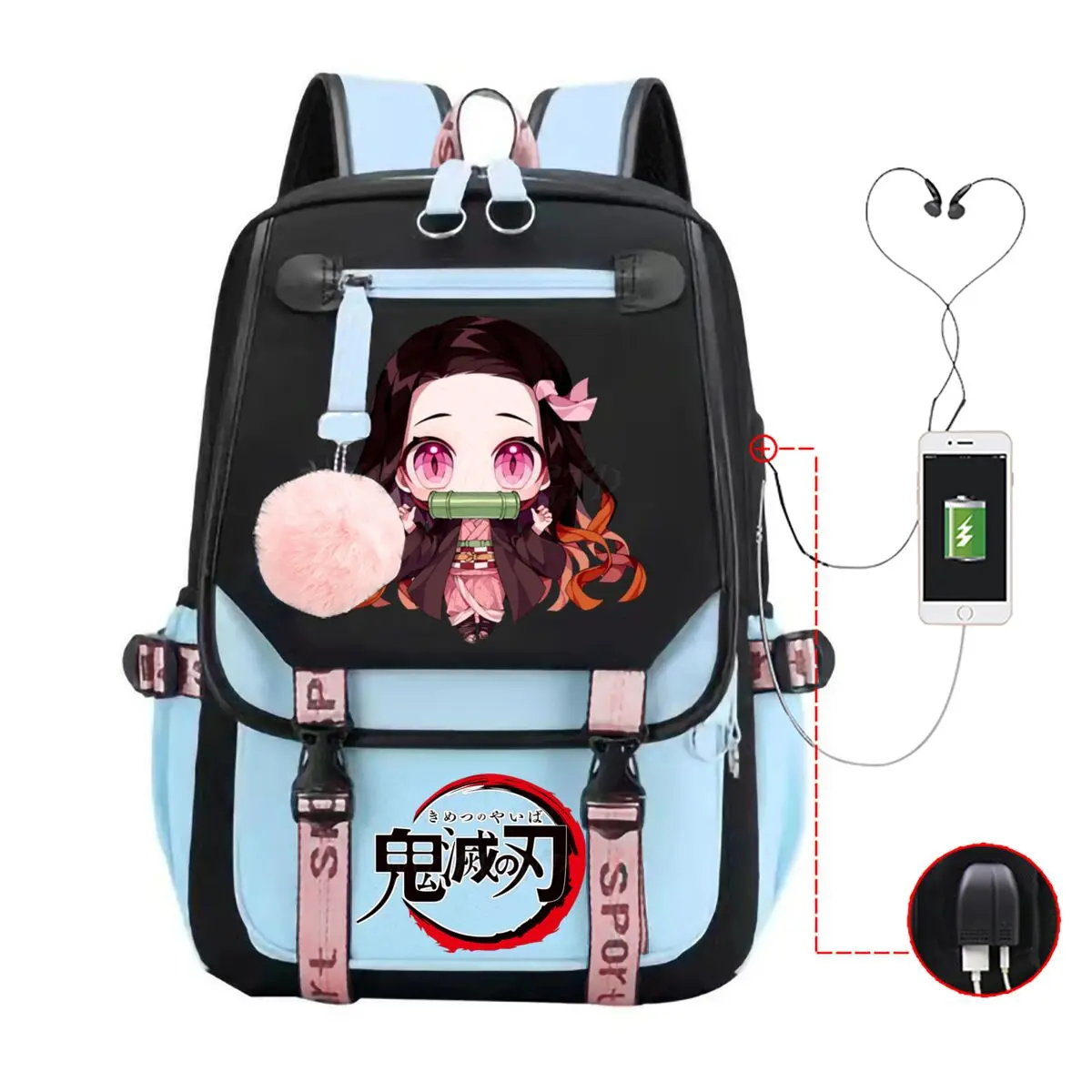 أنيمي كامادو Nezuko طباعة حقائب الظهر النساء الفتيات USB شحن أكياس سعة كبيرة الأطفال المراهقين الحقائب المدرسية أنيمي حقيبة الهدايا