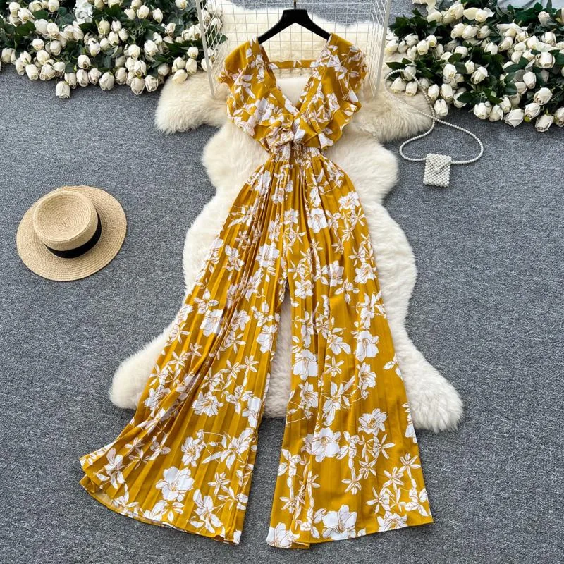 HKSH Estate Nuove Donne Alla Moda High Street Vintage Ruffles Profondo Scollo A V Vita Cinching Pieghettato Stampato Chic Flare Tuta HK7646