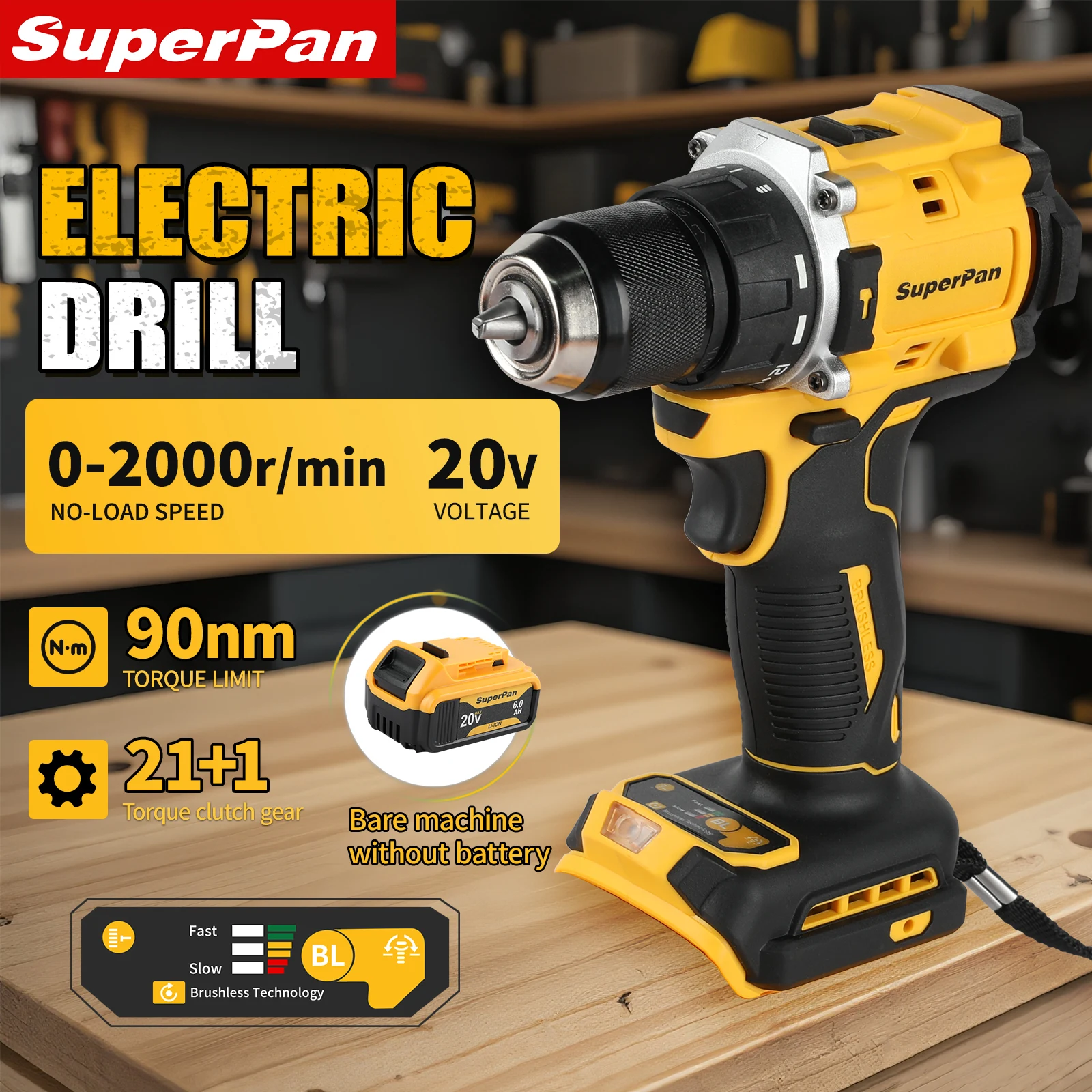 Power Tools Repairs - Беспроводная дрель SuperPan (только инструмент), бесщеточная,