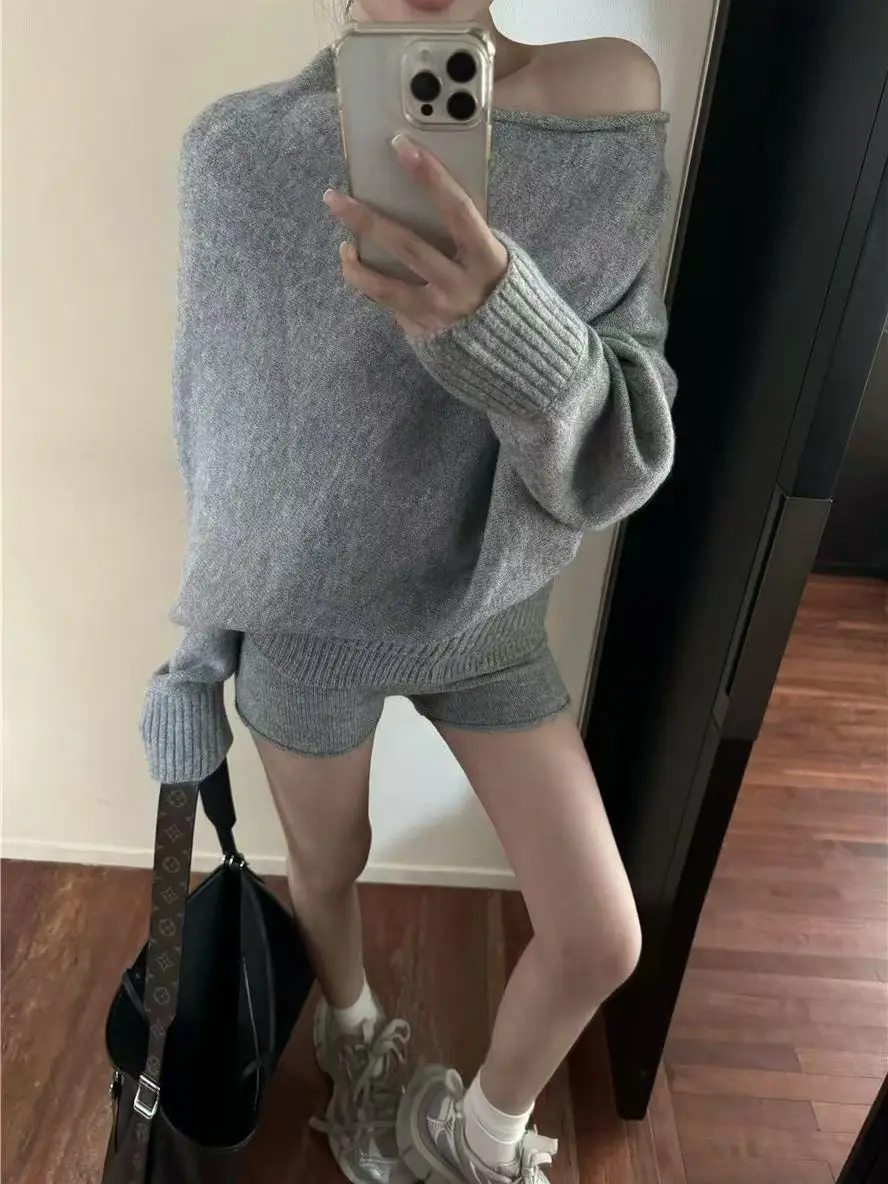 Korejpaa Elegant Sweater Short Sets Women Autumn Winter Slanted Shoulder Knitted Sweaters High Waist Shorts Two Piece Set