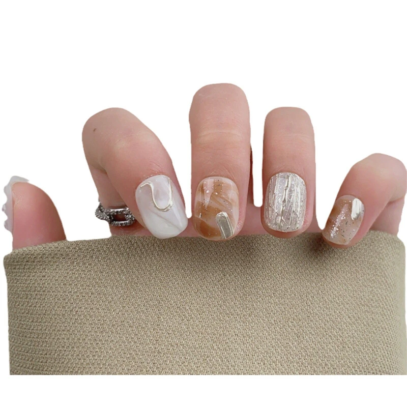 10pcs Handmade Design Fake Nails Press On Nails Short Fake Nails Manicure Artist Latte Round Head Wearable Fingernail Decoration