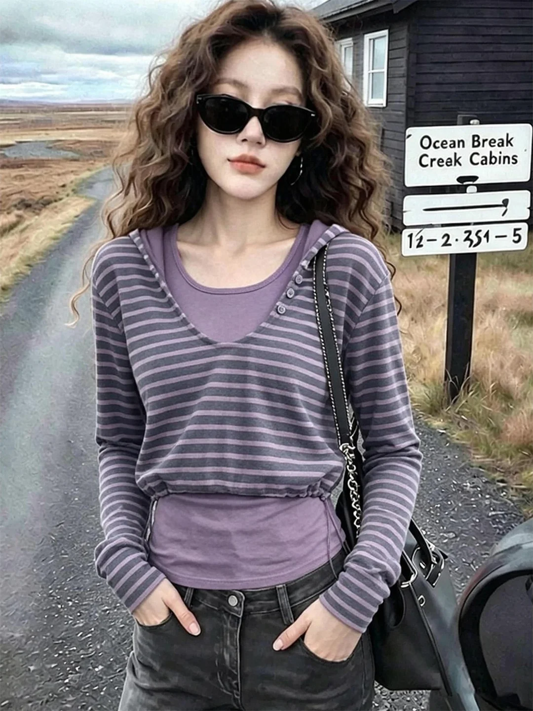 Unique Design Purple Striped Long Sleeve Women's Hoodie Slim Fit Casual Style Comfortable Warmth Fashionable Autumn Top
