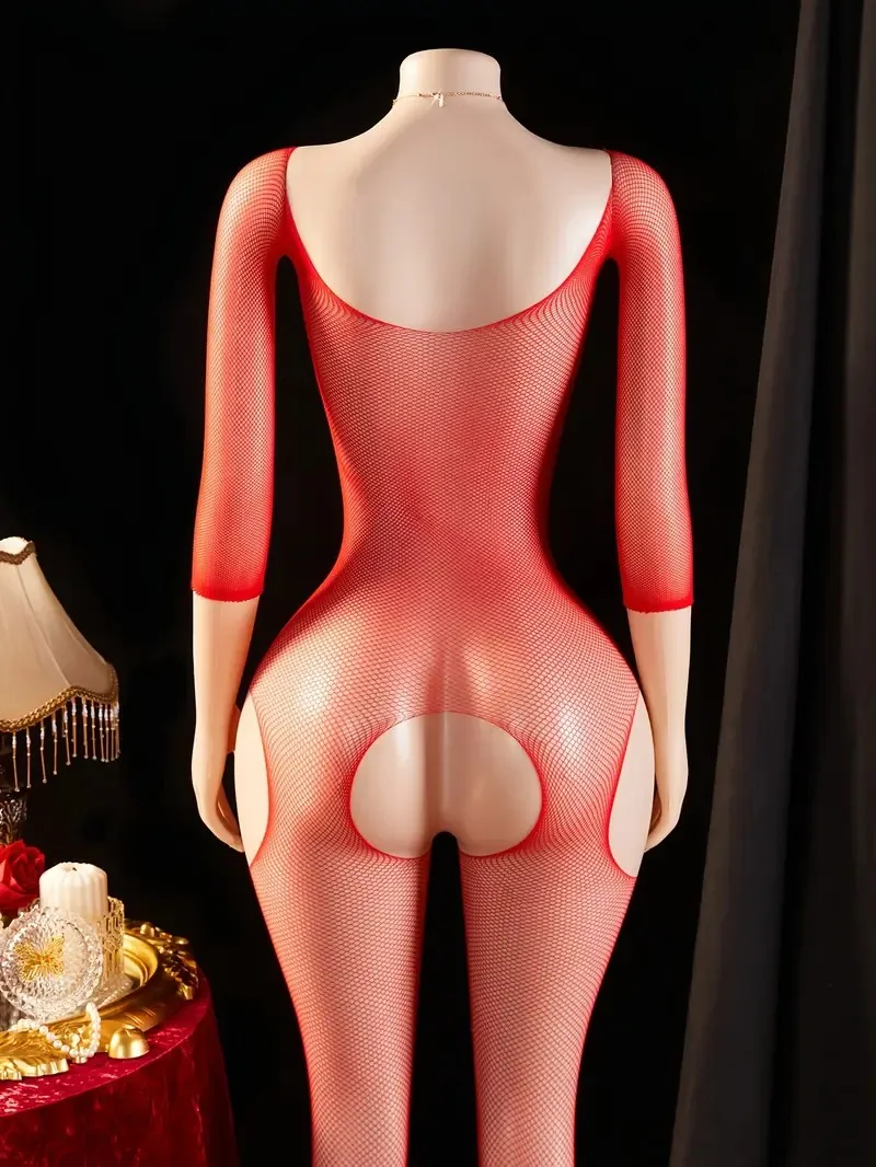 Artı boyutu file tayt erotik Crotchless iç çamaşırı kadın Slash boyun tam vücut çorap örgü şeffaf çorap seksi külotlu