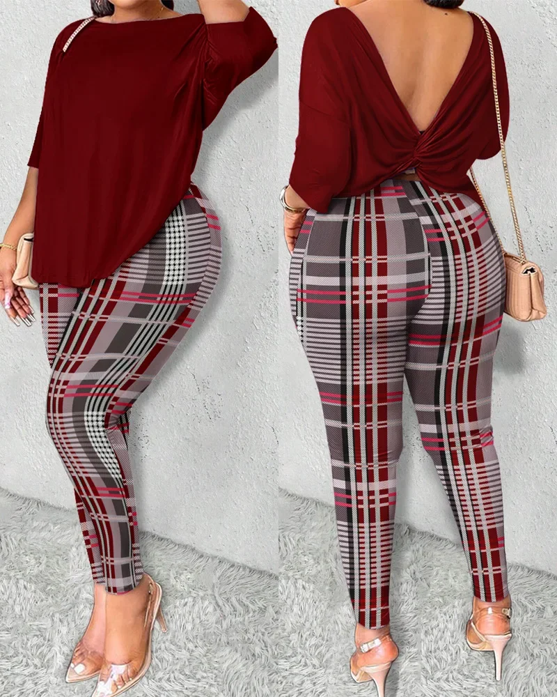 

2 Piece Sets Womens Outifits Autumn 2024 New Tracksuit Backless Round Neck Long Sleeve Top & Patchwork Print Long Pants Suit