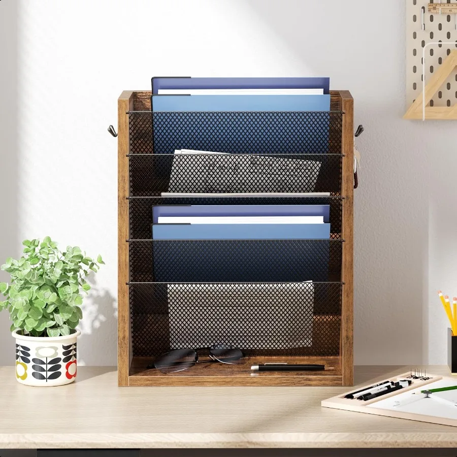 منظم ملفات حائط معلق 6 طبقات حامل ملفات حائط خشبي مع خطافين منظم بريد مثبت على الحائط مع صينية مسطحة سفلية عمودية