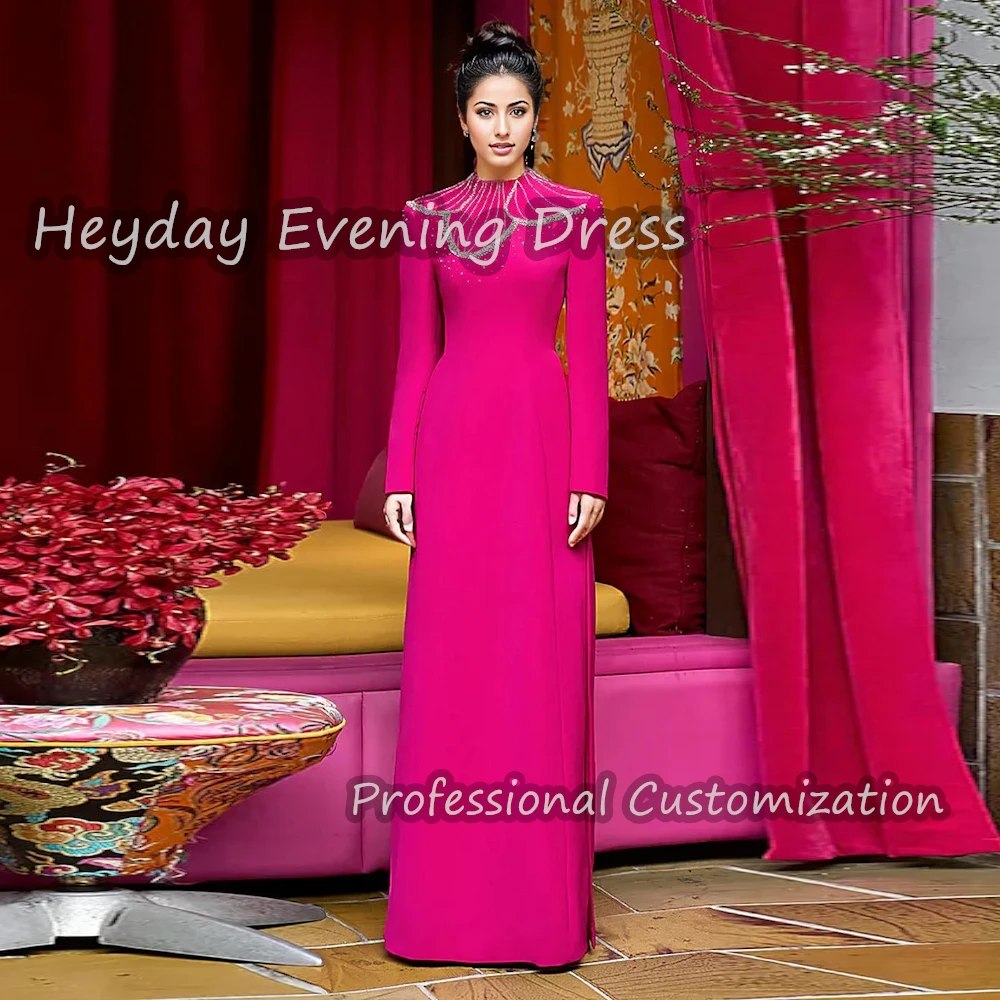 Heyday O-Neck Saudi Beaded Prom Party Gown Sexy Crepe Long Sleeves Floor Length Straight Elegant Dress For luxurious Woman 2024