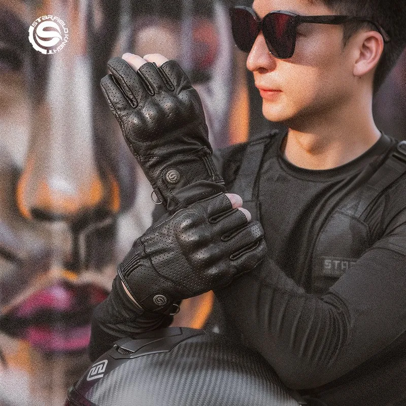 STAR FIELD KNIGHT SKG-566 Summer Half Finger Motorcycle Gloves Men Breathable Goatskin Cowhide Retro Black White Riding Gloves view 5