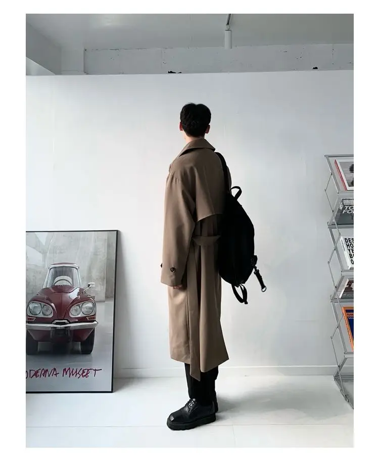 

Trench Coats Double Collar Mens Alien Sense College Adult Military Cowhide Double-Breasted Cotton Khaki Splicing Dark Vintage BF