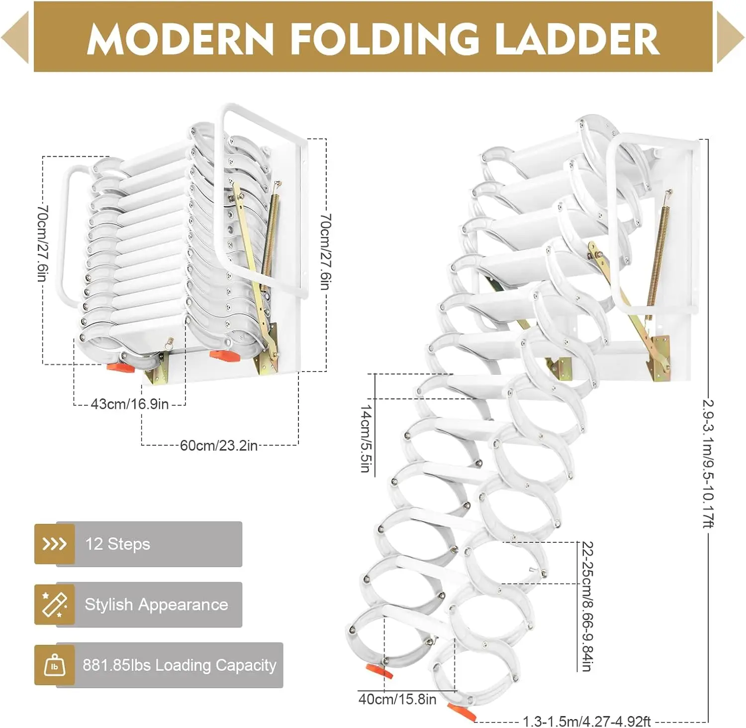 10 voet wandgemonteerde zolderladder, zolderladder uittrekbaar systeem, 12 stappen verticale hoogte zolderladder, zolderwand opvouwbaar