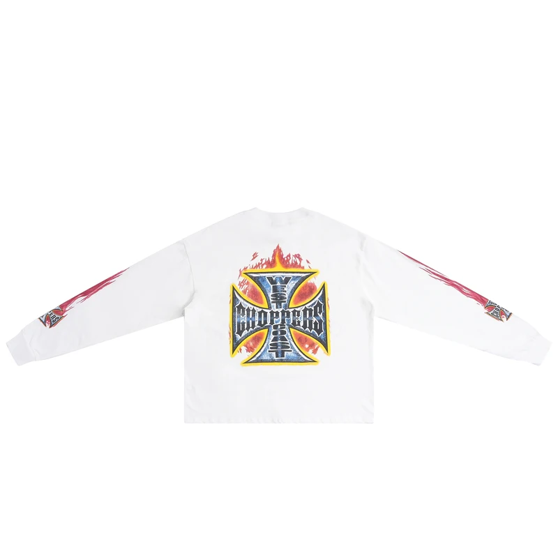 Daily Logo Flame Print Long Sleeved T-shirt High-quality High Street Men Women Casual Round Neck All-match West Coast Tee tops