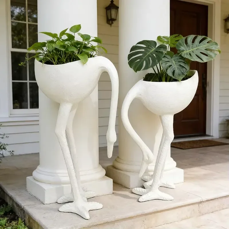 European Simple Eco-Friendly White Flamingo Statue Fiberglass Crafts Ornament Handmade Bird Sculpture Art Deco Sandstone