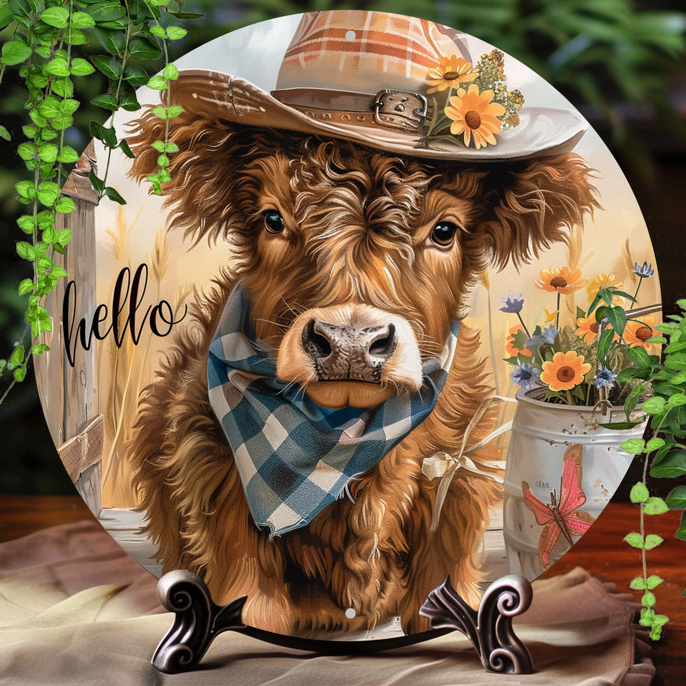 2D Flat, 1pc Vintage Highland Cattle Cow Round Aluminum Wall Art Sign - 8x8 Inch Rustic Farmhouse Decor with Checkered Bandana &