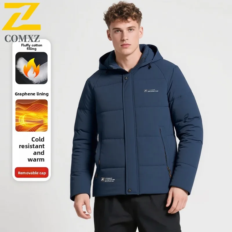 

Мужская хлопковая куртка 2025, графеновая толстая морозостойкая теплая съемная шапка, пальто, уличная зимняя одежда, повседневная мужская хлопковая куртка с перьями