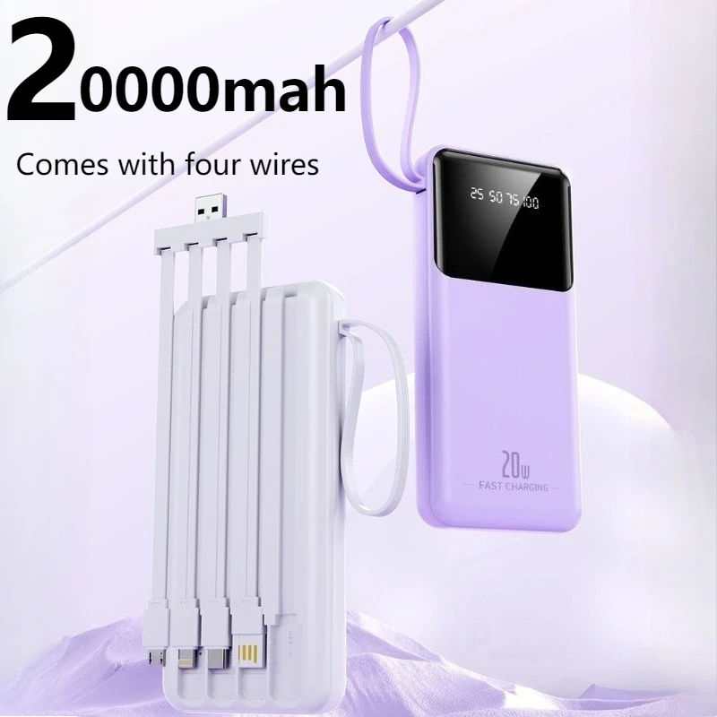 20000mAh Portable Power Bank with 4 Cables Digital Display Powerbank for IPhone 15 14 13 Samsung Huawei External Battery Charger