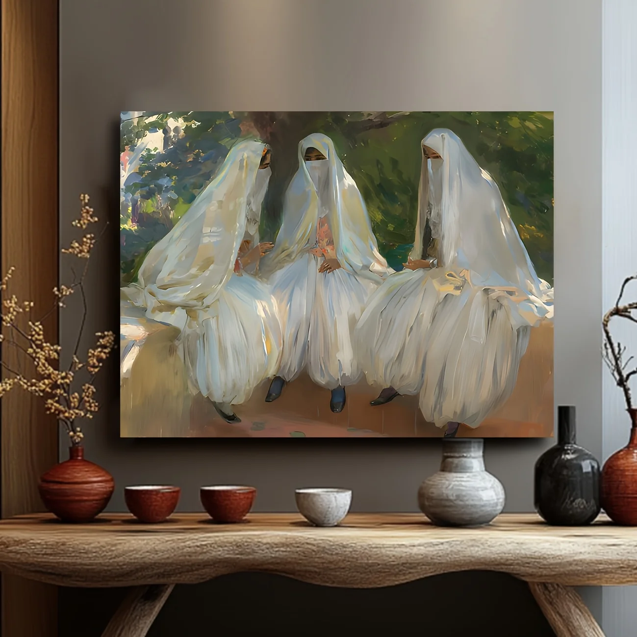 (No frame)2D Flat/2D Flat/1pc 2D Flat Artwork Featuring a Wooden Frame/Canvas Print of Three Algerian Girls in Traditional Cl
