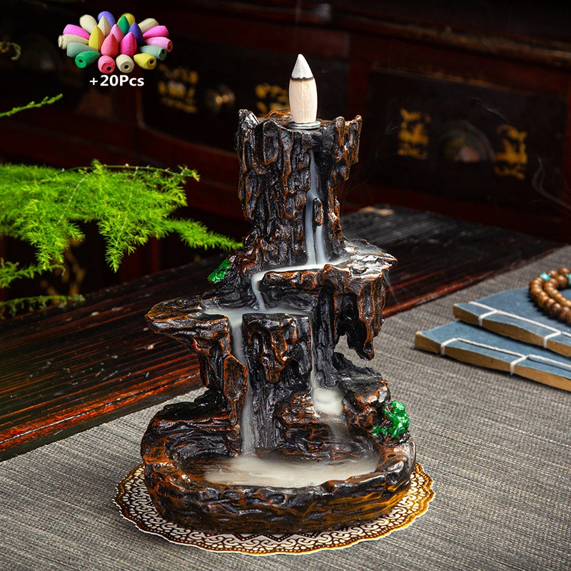 Incense Cones Handmade Resin Rockery Mountain Water Tree House Landscape Waterfall Backflow Holder