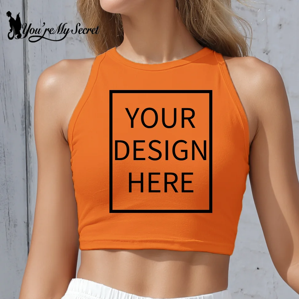 Customized Your Logo or Picture Women Orange Cropped Top DIY Halloween Y2K Sexy Sleeveless Shirt O-neck Thin Fashion Tee Shirt