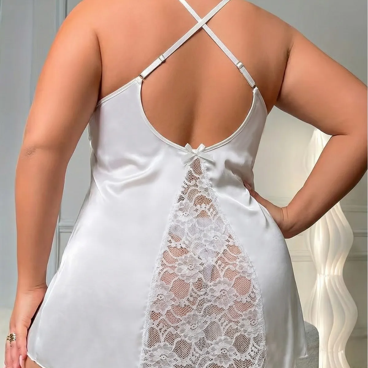 

Women's Plus Size White Satin Lace Chemise Nightgown Sexy Crisscross Backless Slip Dress With Thong For Sleepwear