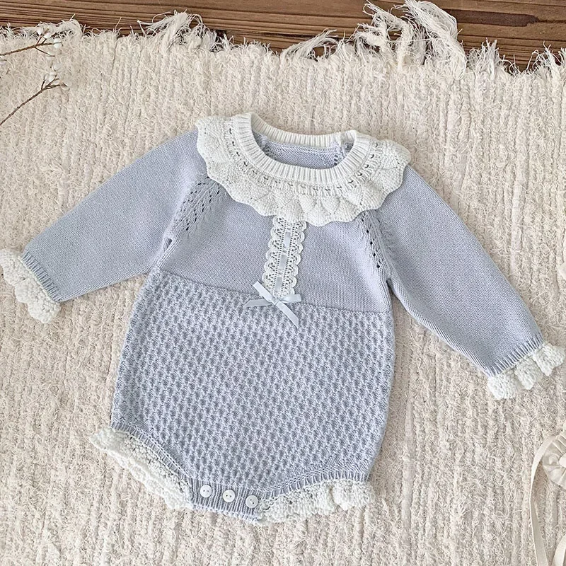 2024 New Autumn Infant Baby Girls Knitted Jumpsuit Long Sleeved Splicing Korean Style Climbing Suit Baby Girl Knitted Clothing