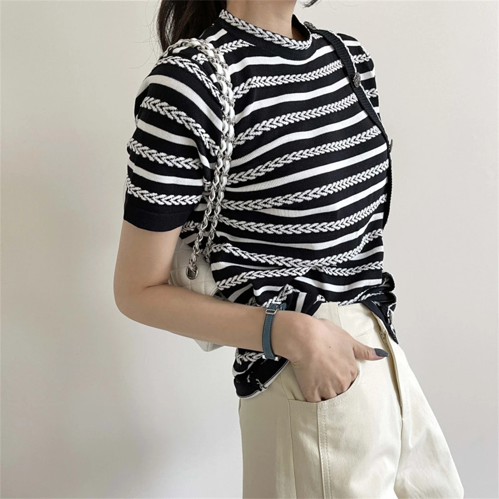 PLAMTEE Summer Retro T-Shirts Sweaters Women Knitwear Office Wear Stripes Hot Stylish 2022 Chic Work Wear Short Sleeves Jumpers