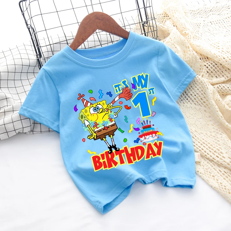 

SpongeBob SquarePants Baby party T Shirt Cartoon Birthday Clothes Girl Tees Shirt Clothes Kawaii Summer Tees Tops Baby Clothing