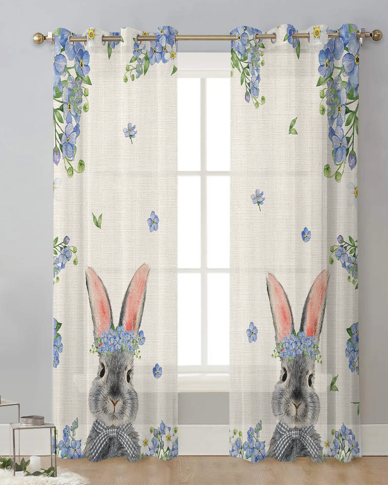 Spring Easter Bunny Wild Flower Sheer Window Curtains Bedroom Living Room Tulle Curtains Voile Drapes for Kitchen