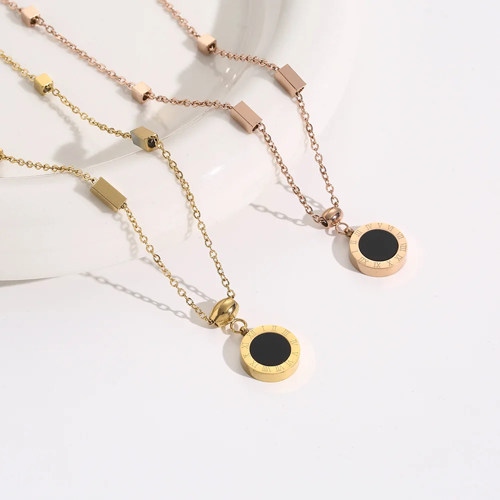 European American Titanium Steel Necklace Women Double Sided Roman Numeral Round Pendant Minimalist Design Collarbone Chain Fade
