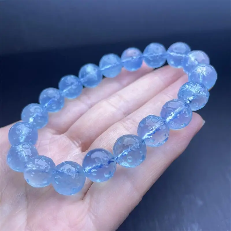 9MM Natural Aquamarine Moon Sphere Bracelet Women Fashion Round Stone Elegant Healing Strand Bangles Wristband Gift 1PCS