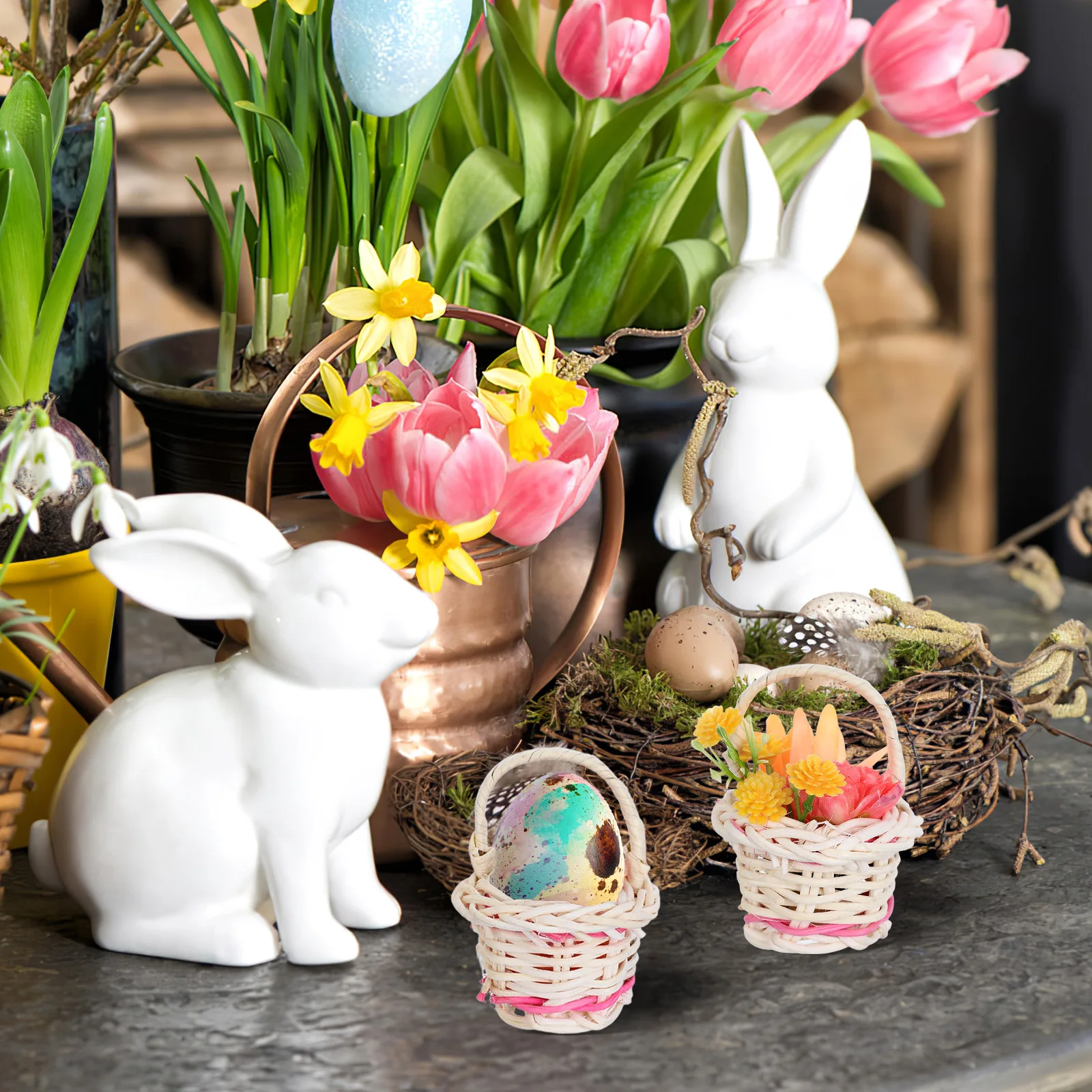 سلة صغيرة 10 قطع من سلة الروطان المنسوجة على شكل زهرة صغيرة لتزيين المنزل والمكتب والحديقة #6