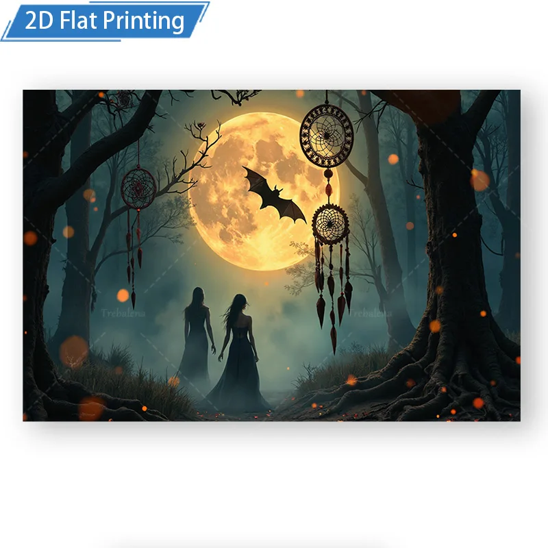 1pc Wall Tapestry Mystic Forest Moonlight Tapestry with Dreamcatchers and Bats, Gothic Halloween Wall Hanging
