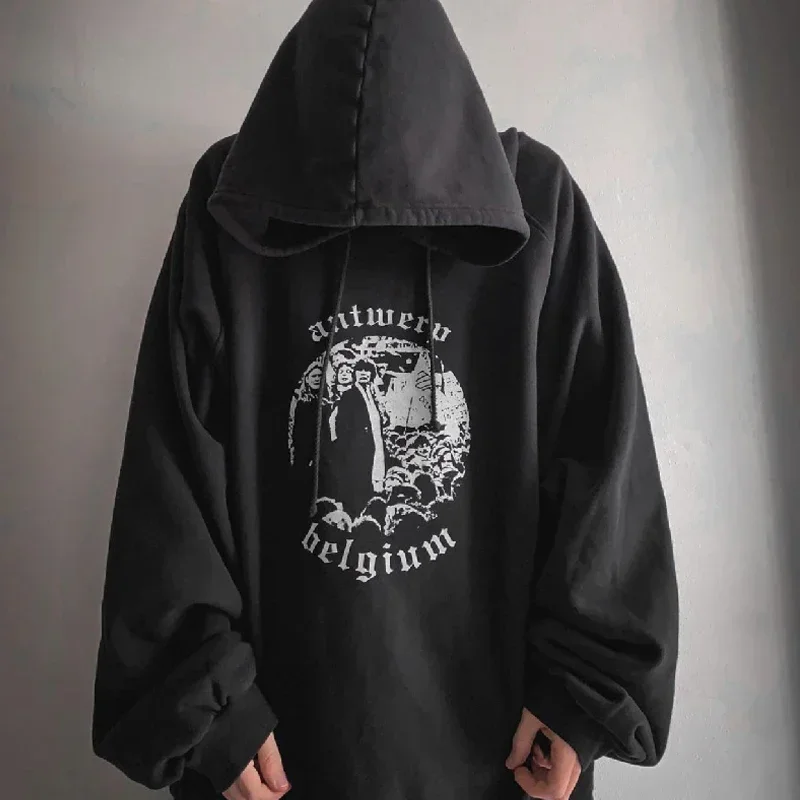 

Archive Autumn Loose High Street Hoodie Men Black Casual Letter Printed Hooded Pullover with Figure Pattern