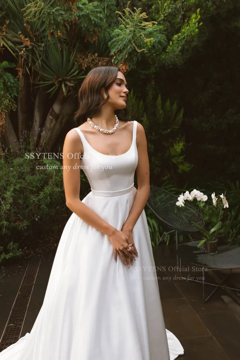 Ssytens elegante marfim uma linha vestido de casamento gola quadrada até o chão vestido de noiva sem mangas pregas cetim varredura trem personalizado