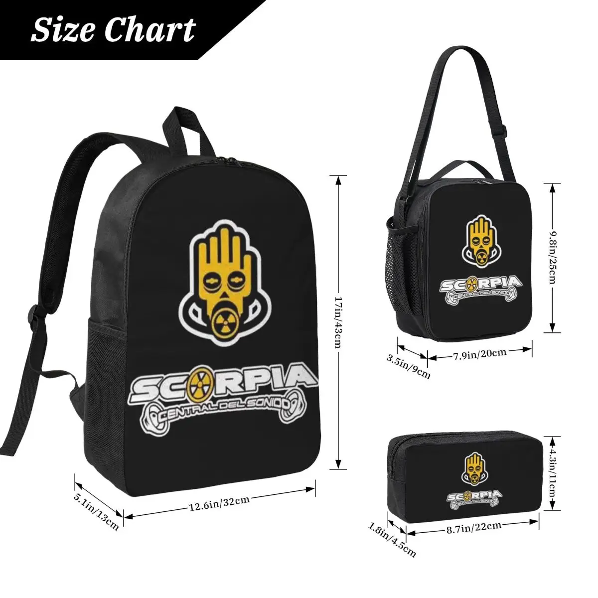 Scorpia - Central Del Sonido Backpack Boys Girls BookBag School Bag Laptop Shoulder Bags 3ps Insulated Lunch Bag Pencil Case