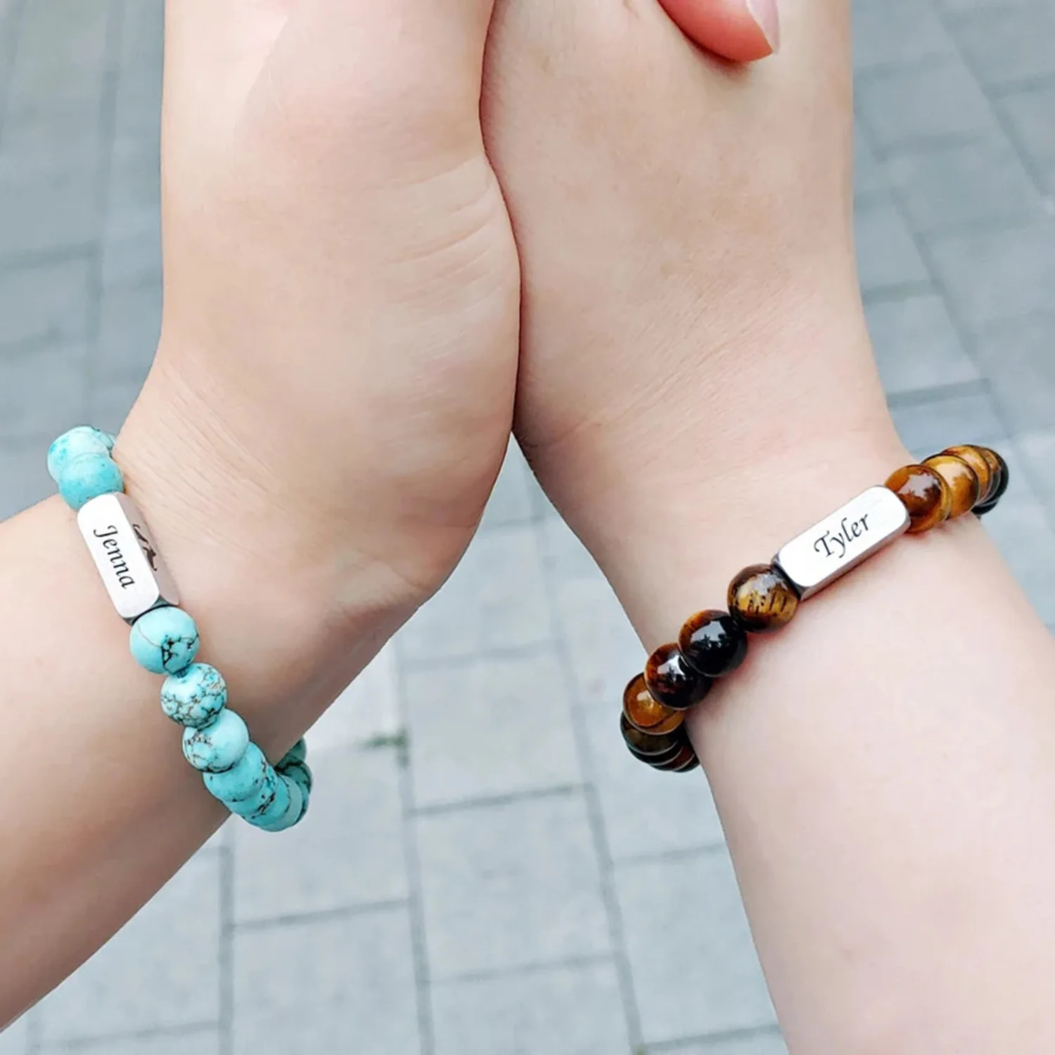 FTCY Engraving Letter Beaded Bracelet for Men Stainless Steel Volcanic Stone Frosted Beads White Turquoise Bangle Couple Gift