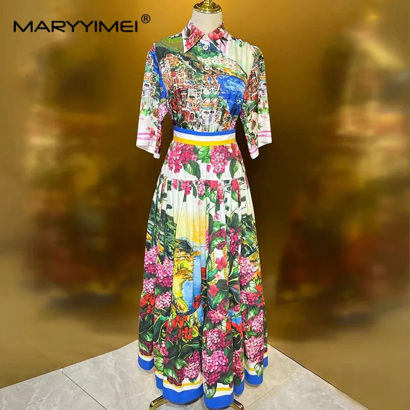 MARYYIMEI Elegant Women\'s Vacation Suit Summer Turn-Down Collar Single-Breasted Tops+Pleated Skirt Elegant Print 2 piece set