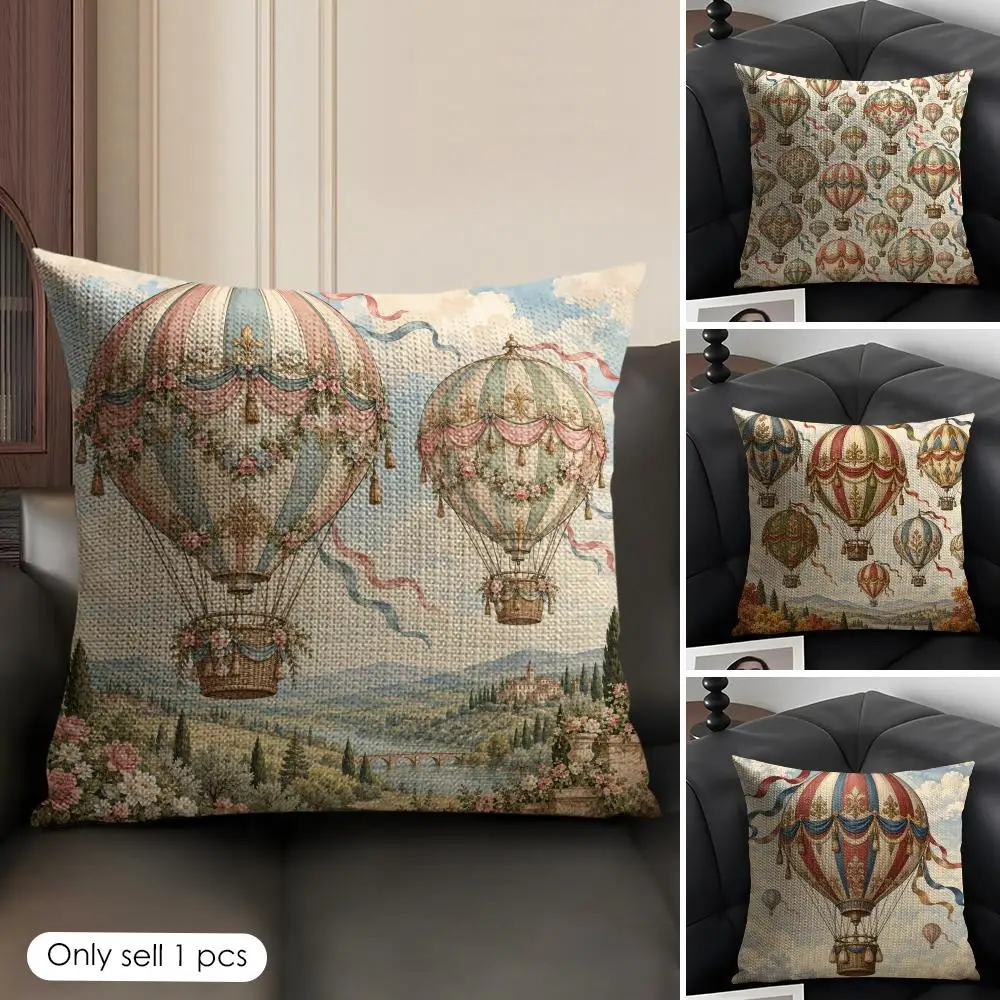 Hot Air Balloons18th-Century Vintage Cushion Cover Skin-Friendly Organic Linen Pillow Cover Durable Hypoallergenic Washable Soft