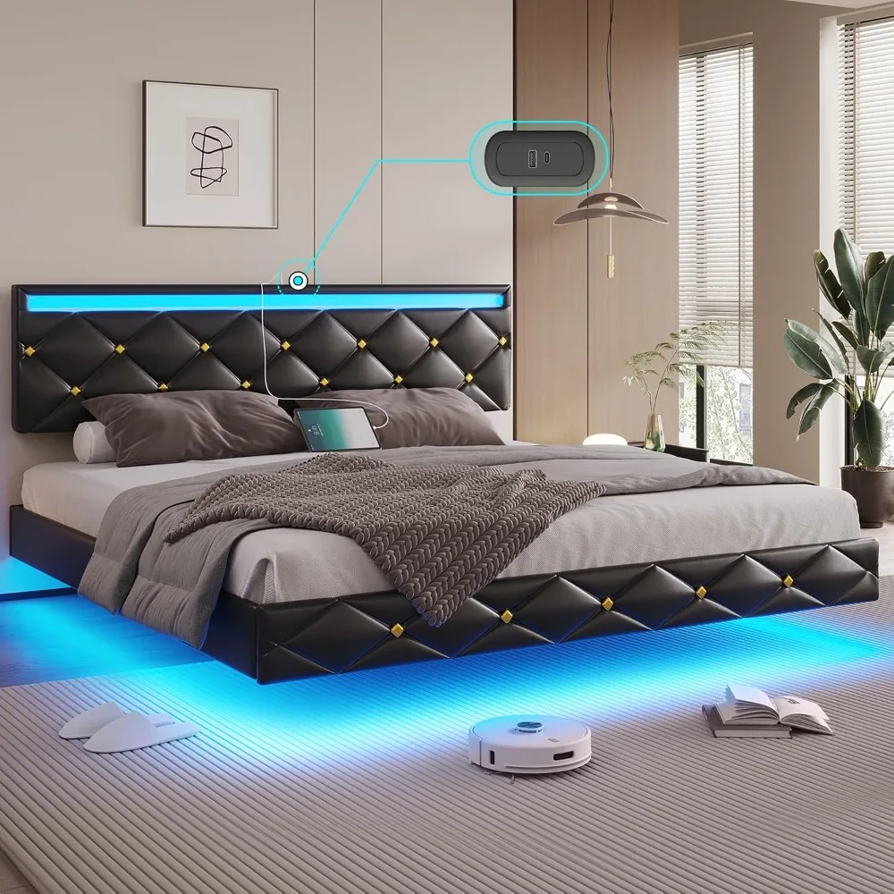 Floating Bed Frame King Size with Led Lights and USB Ports,Faux Leather Platform King Bed Frame with Headboard, Low Profile King