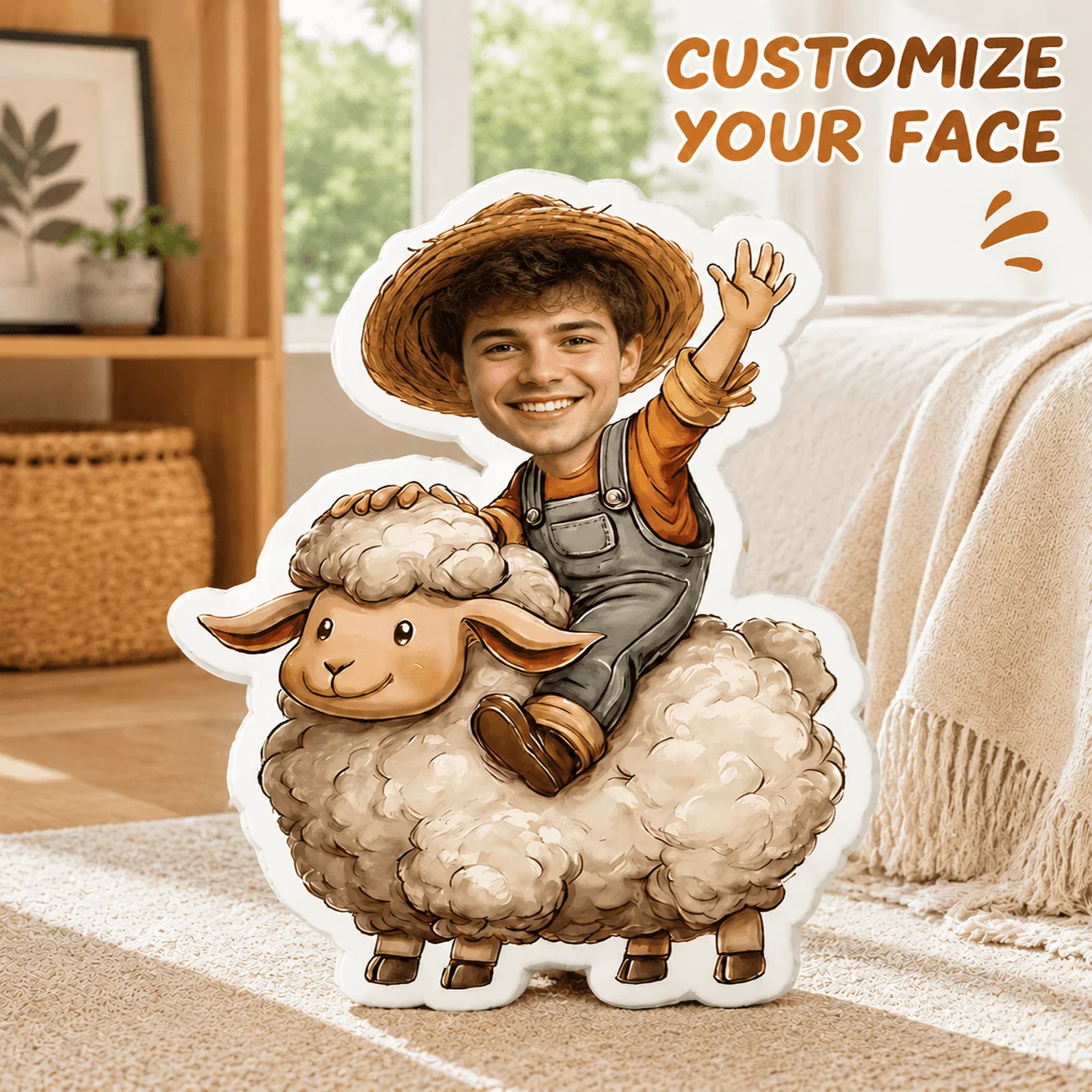 Custom Personalized Photo Face Pillow, Farmer Riding Sheep Shaped Decorative Cushion, 60cm Large Size Accent Pillow for Sofa & B