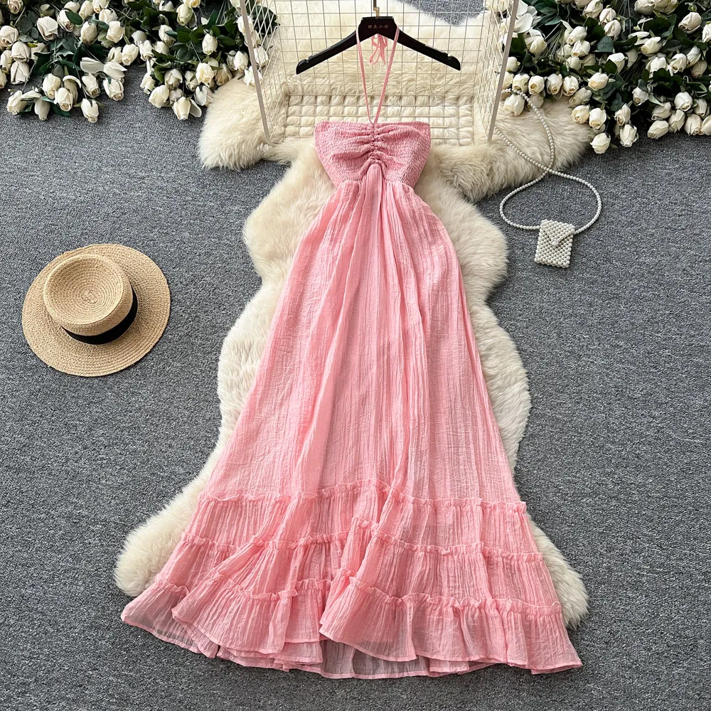 Women's Dress Vacation Vibes Solid Halter Neck Maxi Dress High Waist A-Line Summer & Resort Wear Tiered Vestido Female DS497