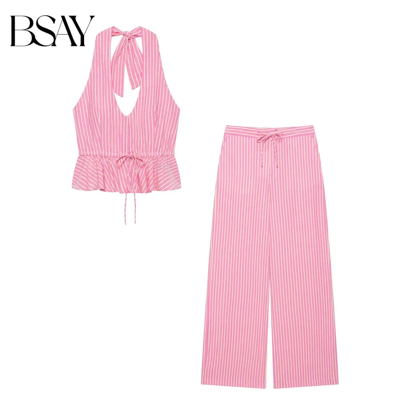 

BSAY Women Vertical Striped 2 Piece Outfit Halter Back Tie Ruffle Crop Top Drawstring Wide Leg Pants Summer Casual Matching Set