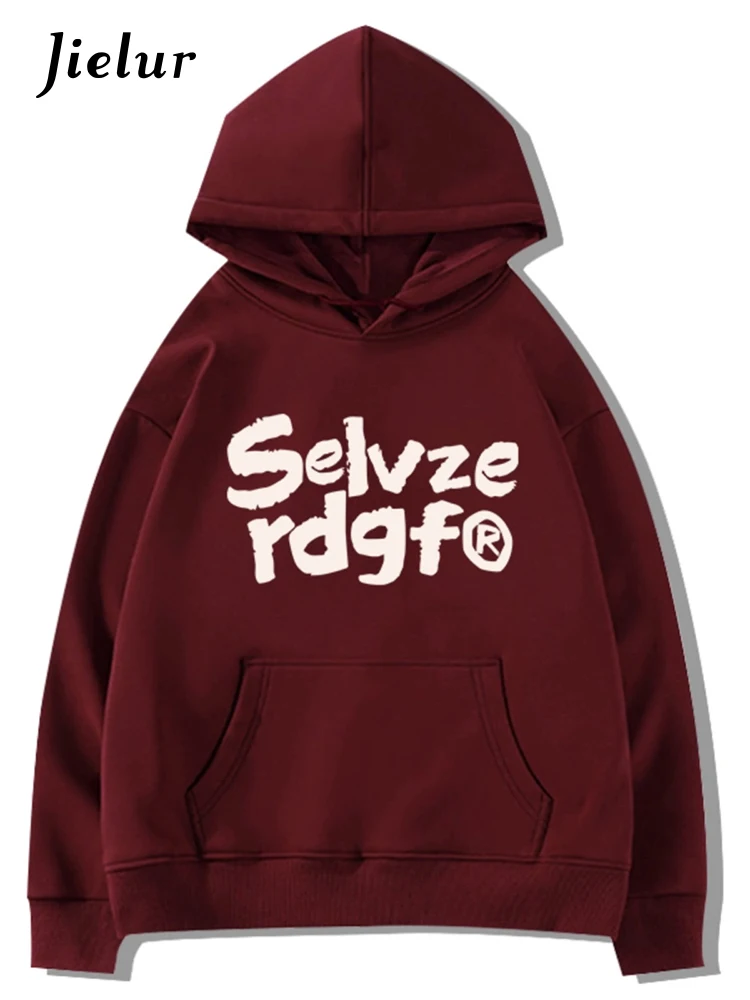 Jielur Wine Red Hooded Chic Letter Print Women Hoodies Winter Basic Fashion Loose Casual 4-colors Street Pocket Female Hoodies