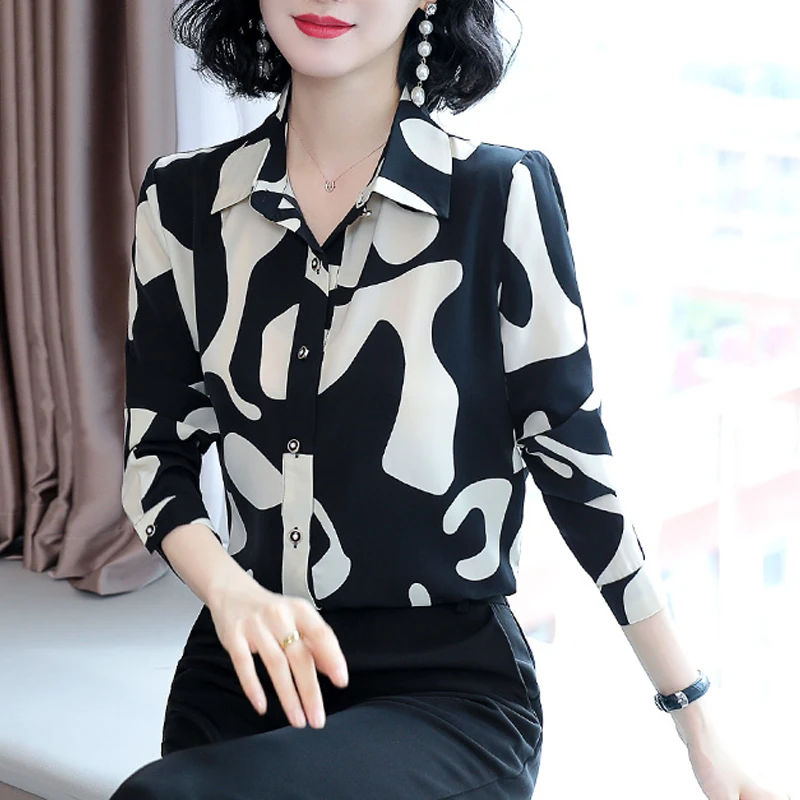 Spring Autumn Women Korean Fashion Satin Print Button Up Shirt Office Lady Elegant Commute Blouse Casual Long Sleeve Loose Tops