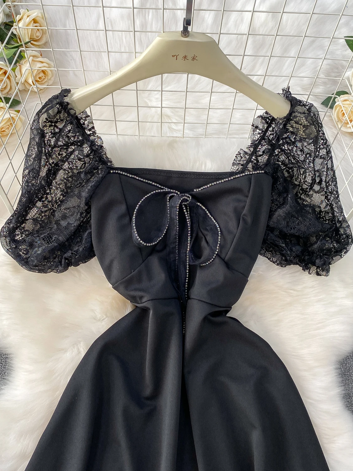 Vestido E com Mangas em Camadas e Renda, Vestido Preto Sexy de Verão com Cintura Alta e Cinto, Estilo Coreano, Vestido...